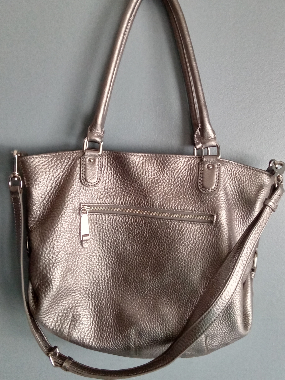 Cole Haan Metallic Pewter Pebbled Leather Tote Crossbody Bag Silver Gunmetal
